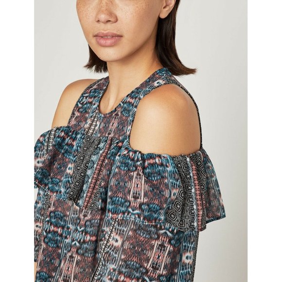 NWT $140 BCBG Max Azria Patchwork Cold Shoulder Crop Top Blouse SizeS Ruffles - Picture 3 of 12